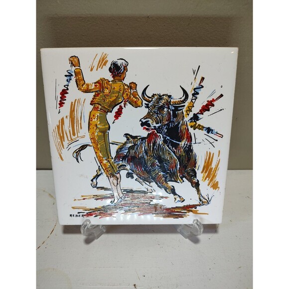 Vintage Tile CERAMIC BULLFIGHTER  MADE IN SPAIN 6" X 6" Tile Matador And Bull - Picture 4 of 8